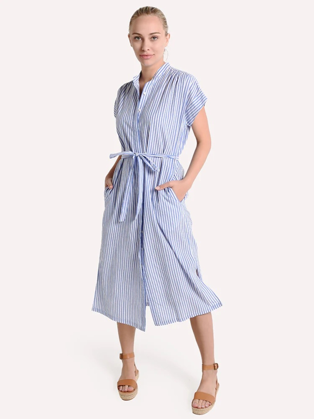 Trovata Birds of Paradis Astrid Easy Dress Blue Stripe Cotton Belted Coastal L